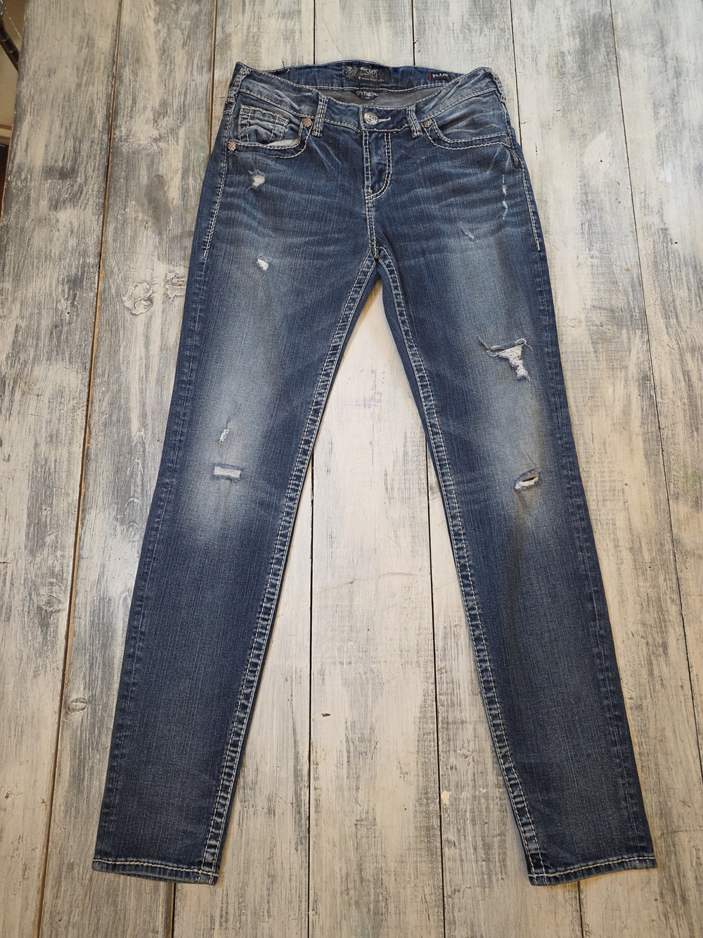 Silver Jeans Fluid Denim Women's Distressed Boyfriend Dark Blue Jeans Sz 29x29